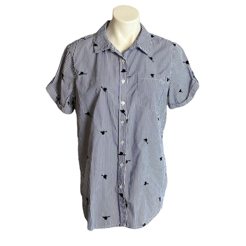 Westport Blouse Blue & White Striped Palm Tree Embroidered Button Up
